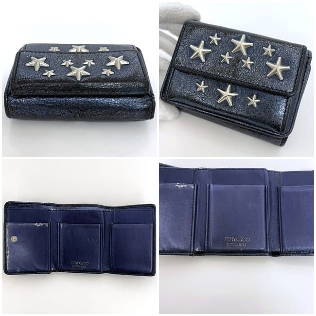 JIMMY CHOO　メタリックレザー製 三つ折り財布 ジミーチュウ 三つ折り 財布 メタリック ブルー コンパクト レザー