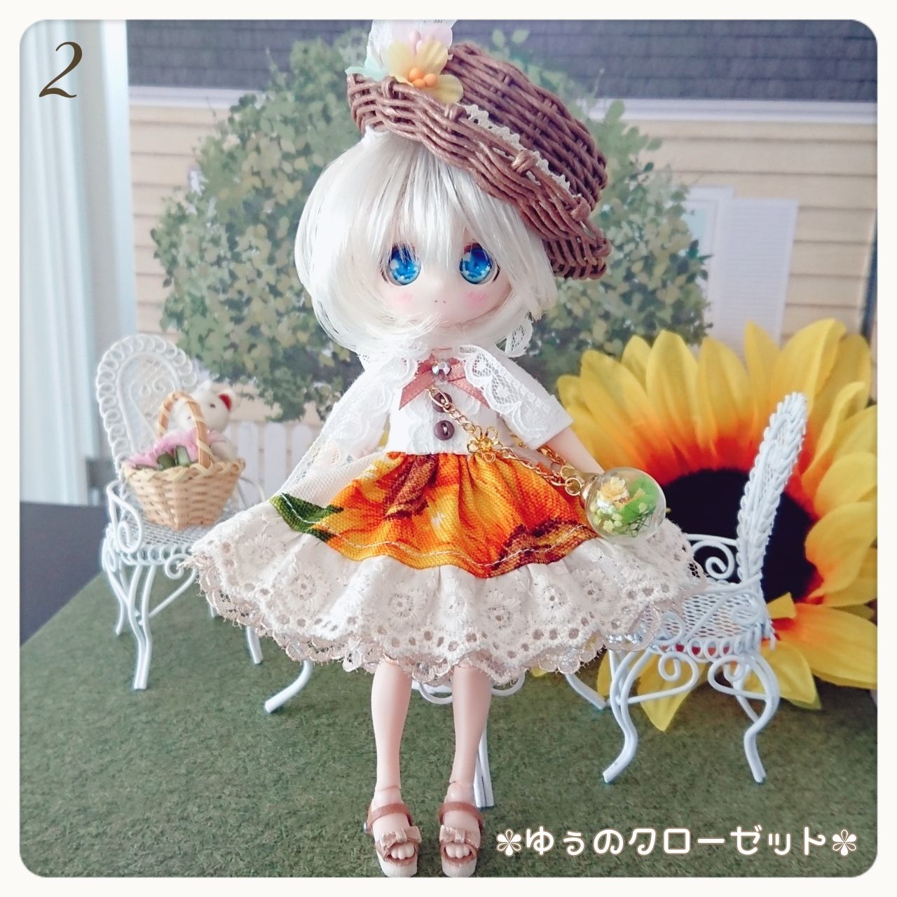 ✾ᵗʱᵃᵑᵏᵧₒᵤ販売×7✾【オビツ11】おでかけひまわりドレス①ガラスドーム付 ✾ᵗʱᵃᵑᵏᵧₒᵤ販売×7✾【オビツ11】おでかけひまわりドレス①