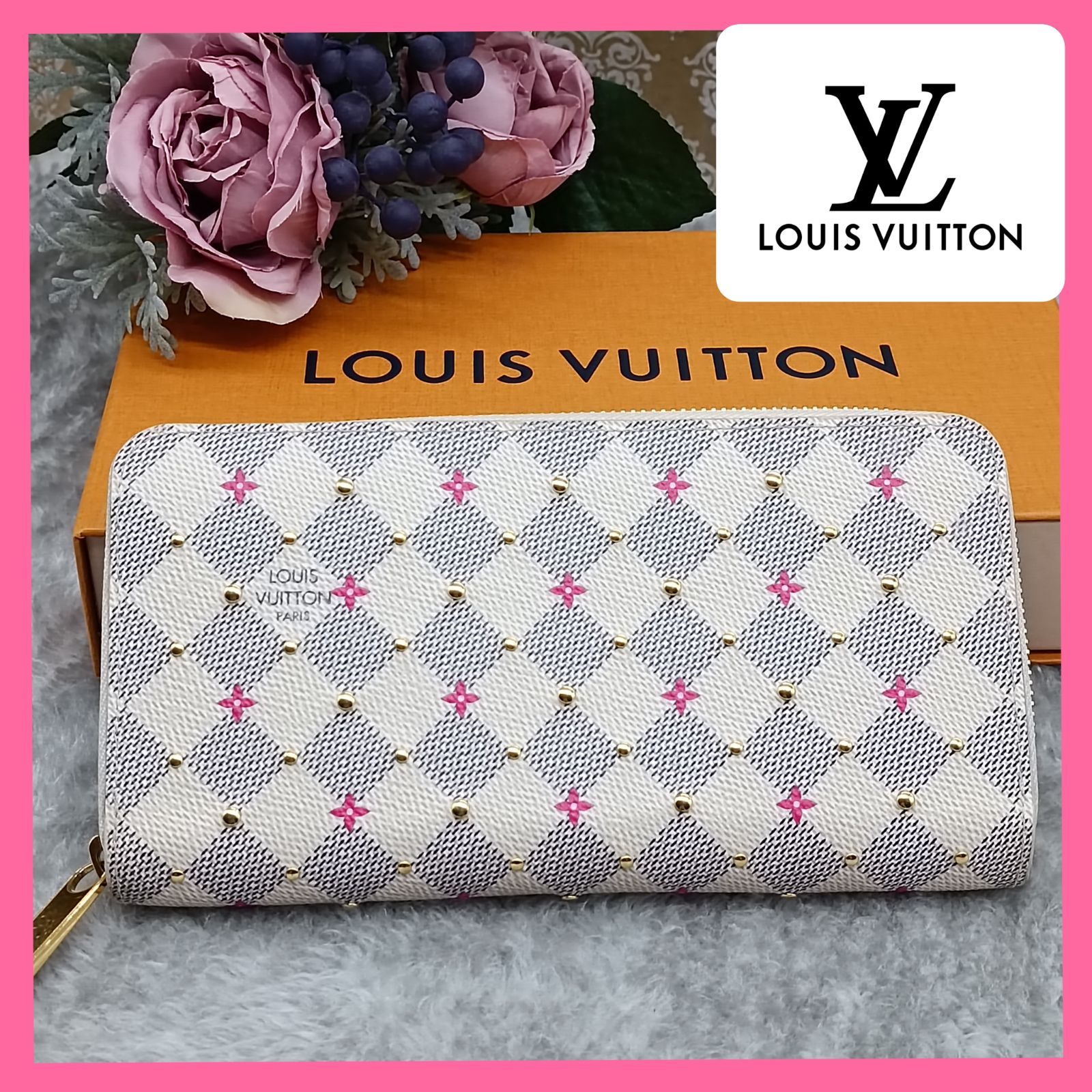 《 LOUISVUITTON 》　ルイヴィトン　ダミエ・アズール　スタッズ　ジッピーウォレット　N64615　ロングウォレット　長財布　限定品　 完売商品　希少　フラワー　ピンク系　BOX付　保存袋付　送料無料・匿名配送・最短即日発送いたします！