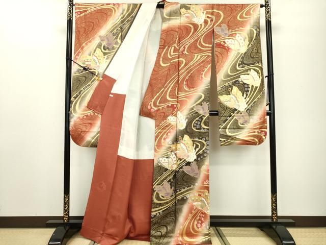 豪華振袖　長襦袢セット(無双仕立て)　舞蝶花文　暈し染め　金銀彩　正絹　逸品 豪華振袖長襦袢セット(無双仕立て)舞蝶花文暈し染め金銀彩正絹逸品