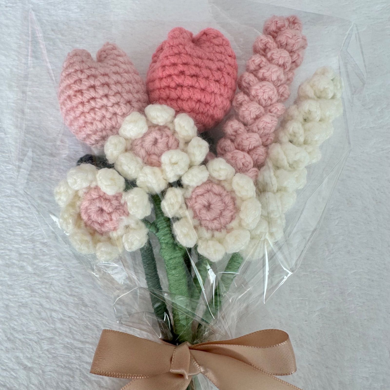 ハンドメイド、コスモス、スイトピー花束、編みぐるみ、かぎ針
