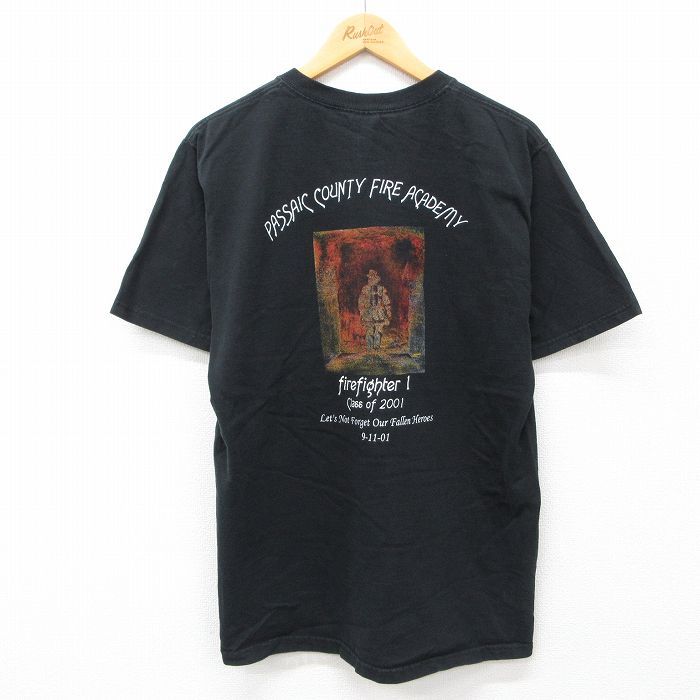 L/古着 フルーツオブザルーム 半袖 ビンテージ Tシャツ メンズ 00s パセーイク 消防士 コットン クルーネック 黒 ブラック 24jul11 中古