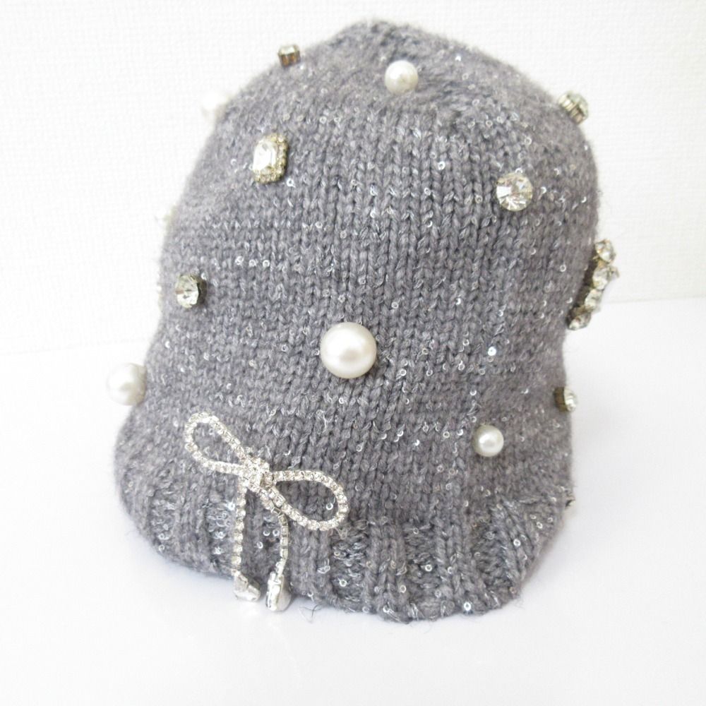 maison lulu pinot メゾンルルピノー Pearl bijou knit cap パール ビジュー ニット キャップ 帽子 グレー レディース 古着