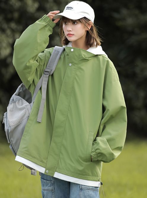 フルーツグリーン×ホワイト マウンテンパーカー レディース 春秋 アウター パーカー ゆったり フード付き カジュアル おしゃれ ジャケット 通学 通勤 体型カバー GULLKHAN_COM