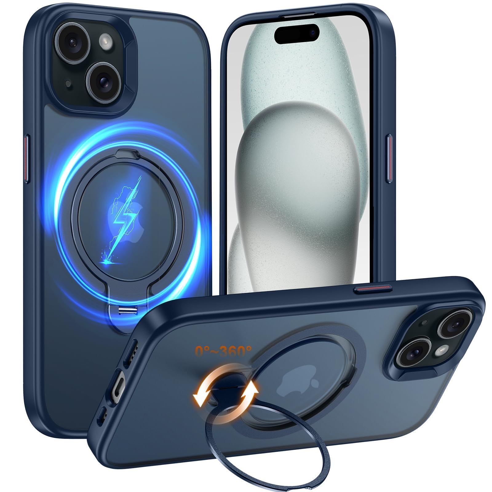 15 用 ケース【360回転スタンドとMagSafeが同時に対応】縦横両対応 アイフォン15 カバー Fadkzyxr スマホケース マット仕上げ 半透明 指紋防止 iPhone 米軍規格 耐衝撃 アイホン15 携帯ケース マグネ