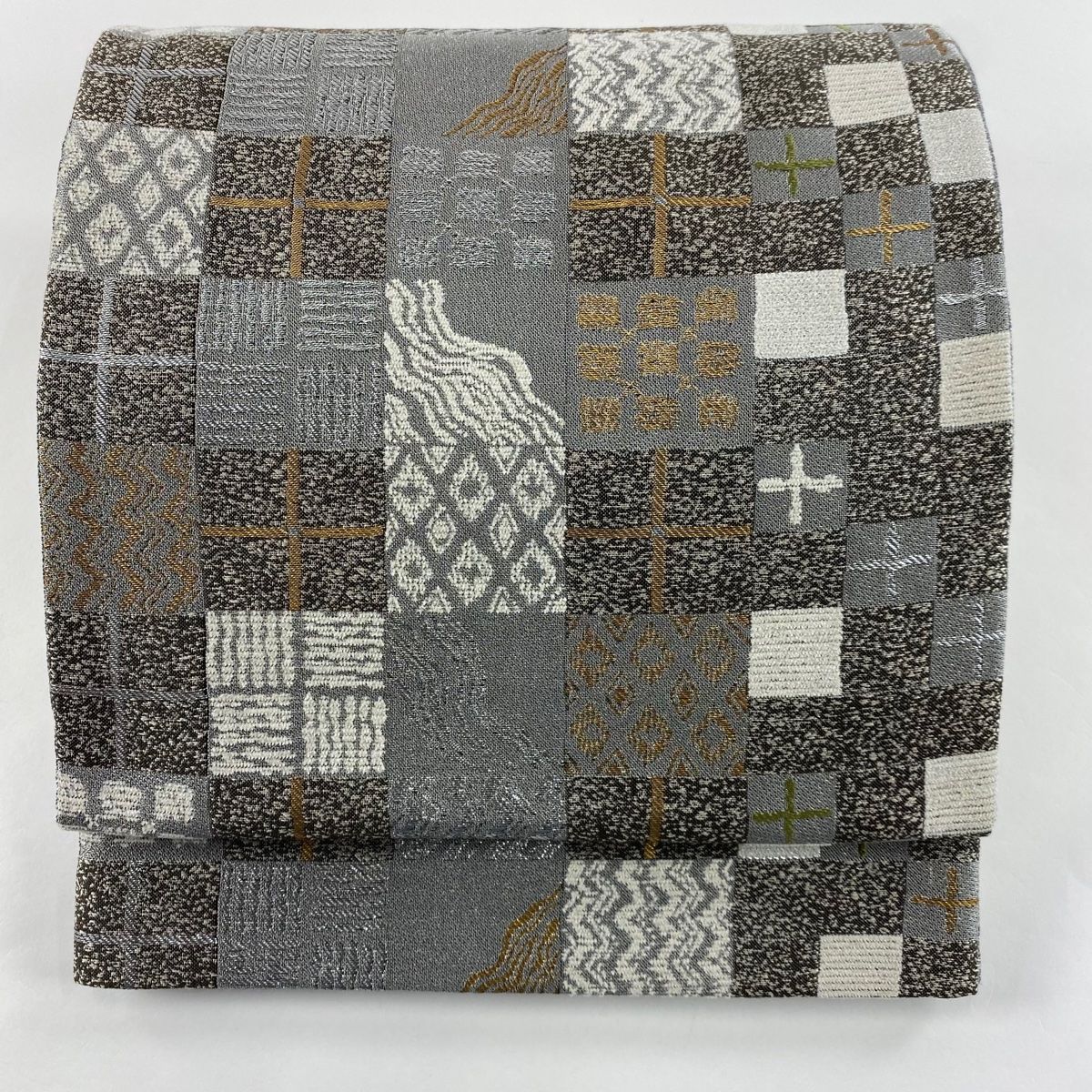 袋帯 美品 名品 格子 幾何学 銀糸 箔 灰色 六通 正絹 【】