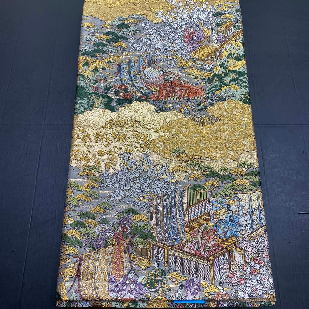 袋帯】刺繍 金 黒 全通柄袋帯 色無地 訪問着 付け下げ 中古 礼装 正絹