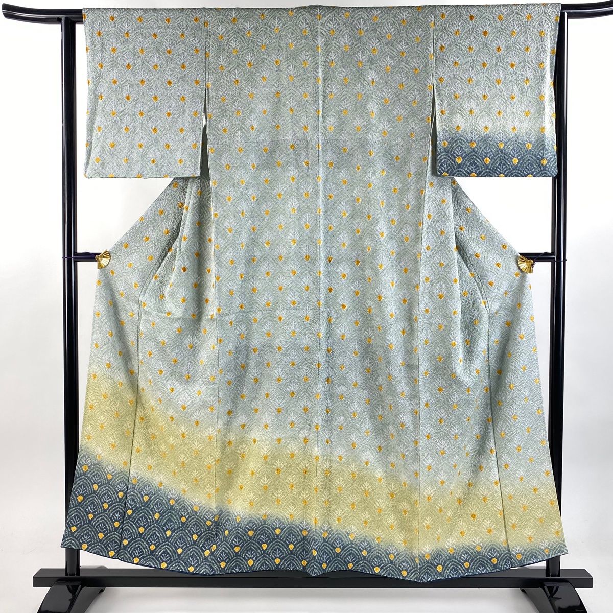 付下げ 身丈155cm 裄丈63cm S 袷 青海波 染め分け 絞り 灰緑 正絹 秀品