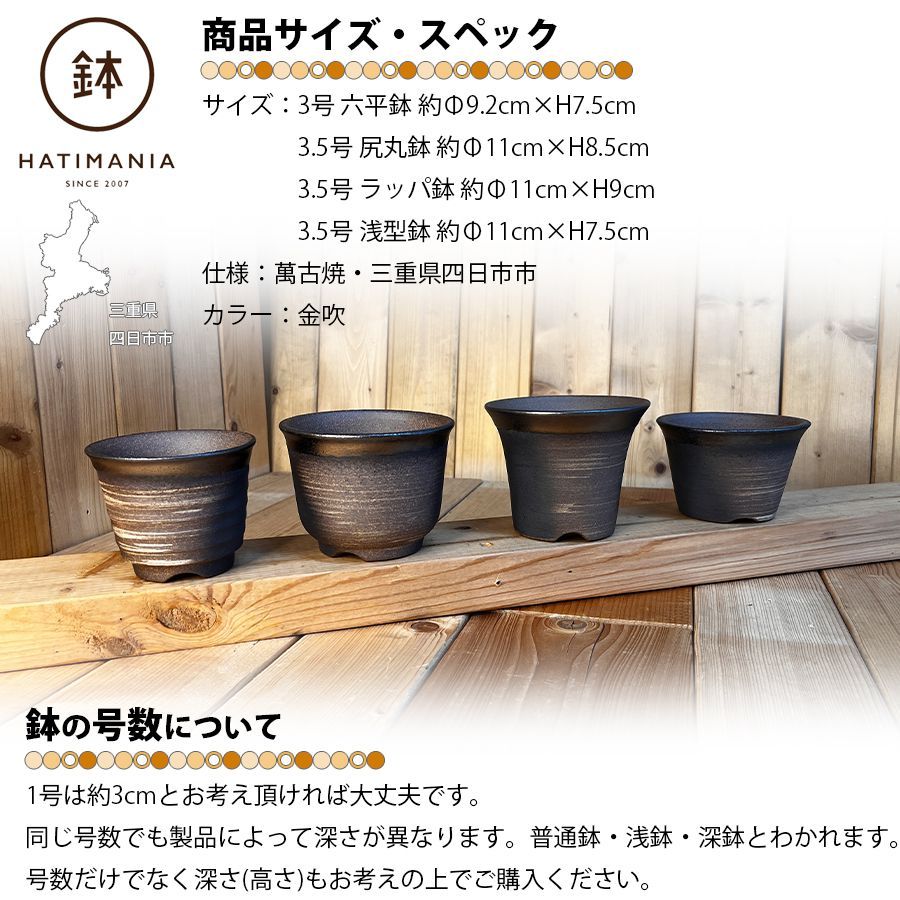HATIMANIA 鉢マニア 金彩 浅型 3.5号 萬古焼 盆栽鉢 陶器 HATIMANIA 鉢マニア 金彩 3号 六平 3.5号 尻丸 ラッパ 浅型 日本