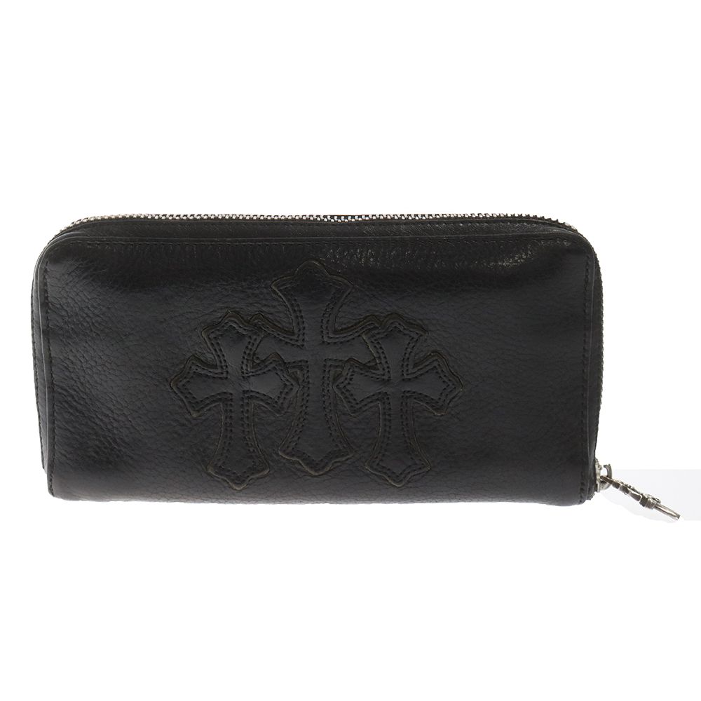 CHROME HEARTS (クロムハーツ) REC F ZIP 3セメタリークロスパッチラウンドジップロングウォレット レザークロスパッチ 長財布 ブラック ※国内ギャランティ付き