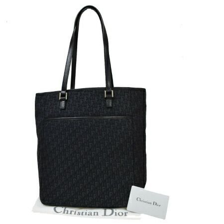 【中古】 美品 クリスチャンディオール Christian Dior トロッター トートバッグ ショルダー ブラック キャンバス レザー 89MS352