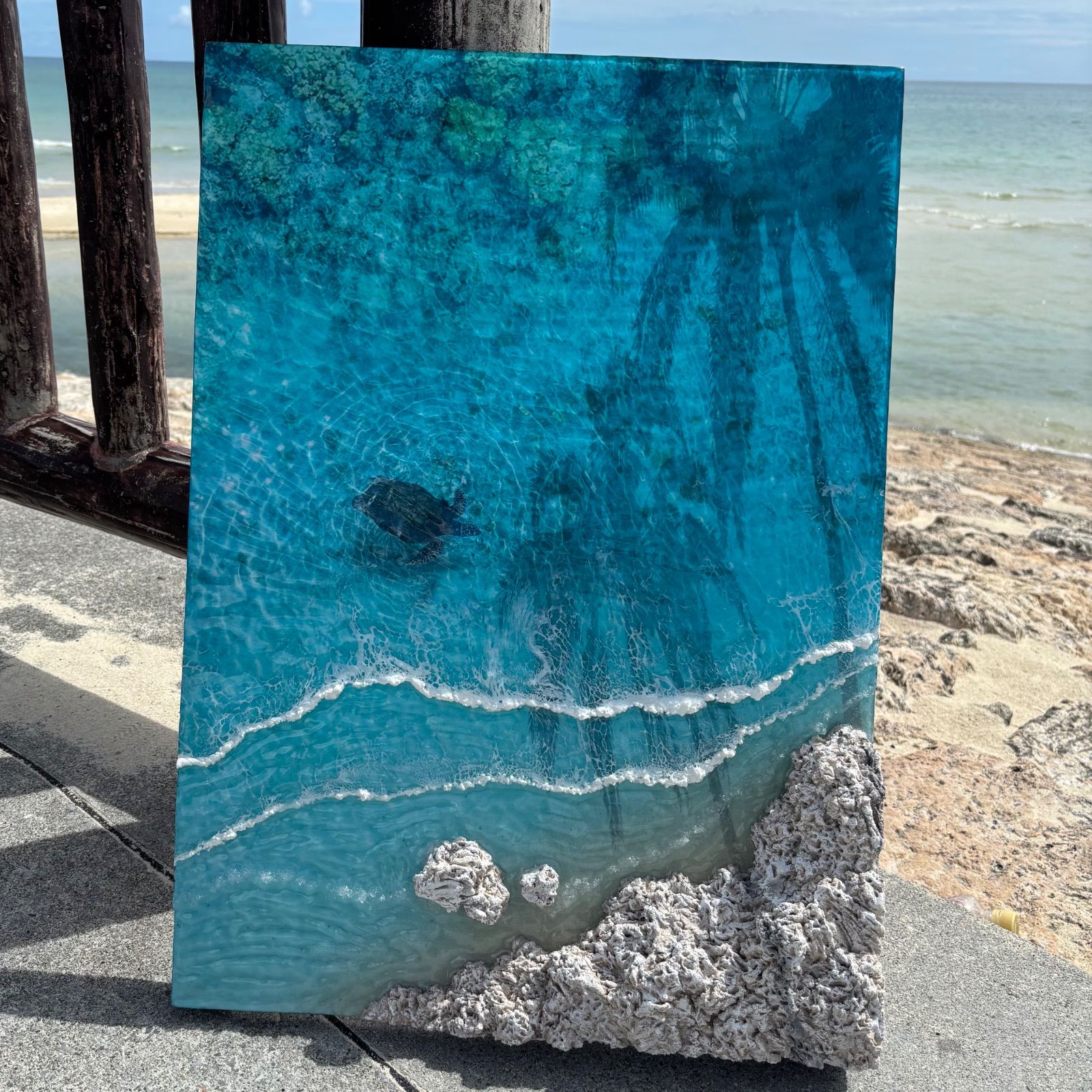 u003cヤシの影u003e 超立体 沖縄の海 レジンアートボード 美ら海