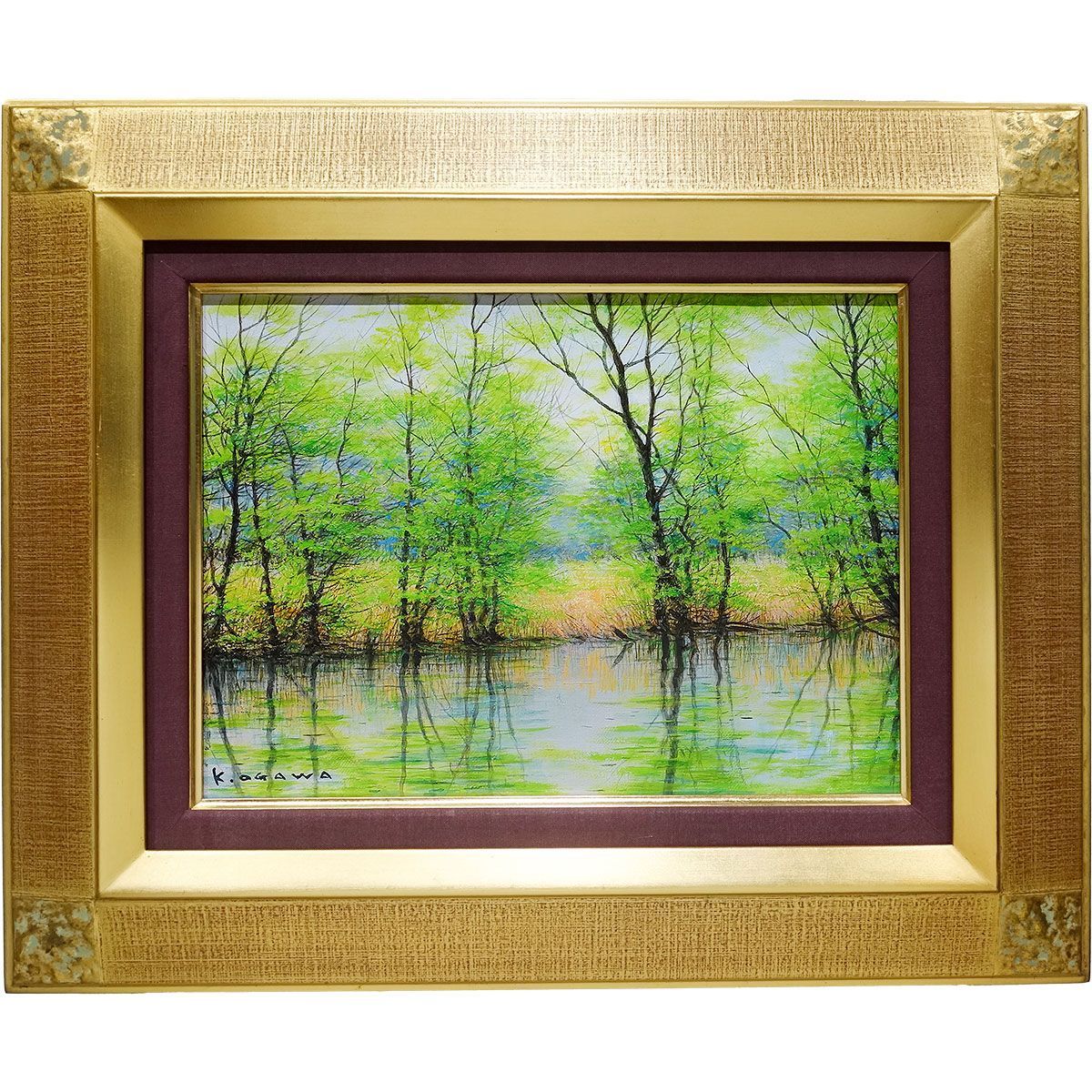 油彩画 F4号 小川馨生 浅春水辺 額入り 油絵 真筆 手描き 肉筆 風景画 春の訪れ 武蔵野の四季 現代の画家 癒し ヒーリングアート YE524