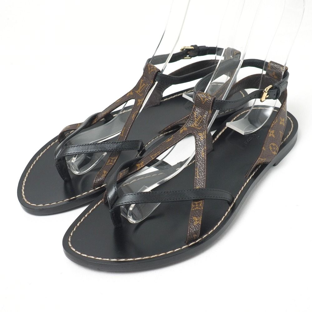 LOUIS VUITTON ルイ ヴィトン サンダル サイズ37 モノグラム LVロゴ アンクルストラップ フラット トングサンダル レザー 靴 ブランド古着 20250930|RA6132