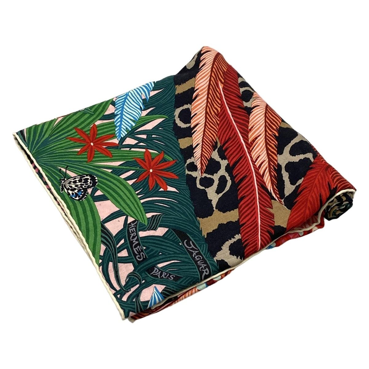 HERMES エルメス ストール ショール カレジェアン|ショール カレ140 グリーン×レッド×マルチ JAGUAR QUETZAL カシミヤ シルク