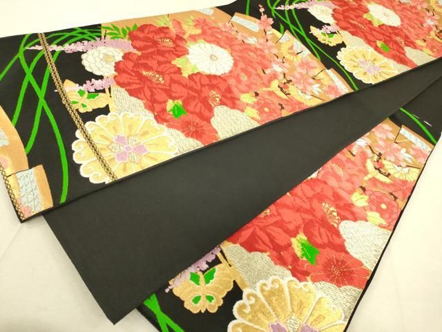 平和屋着物◎六通柄袋帯 唐織 檜扇花蝶文 黒地 金糸 正絹 逸品