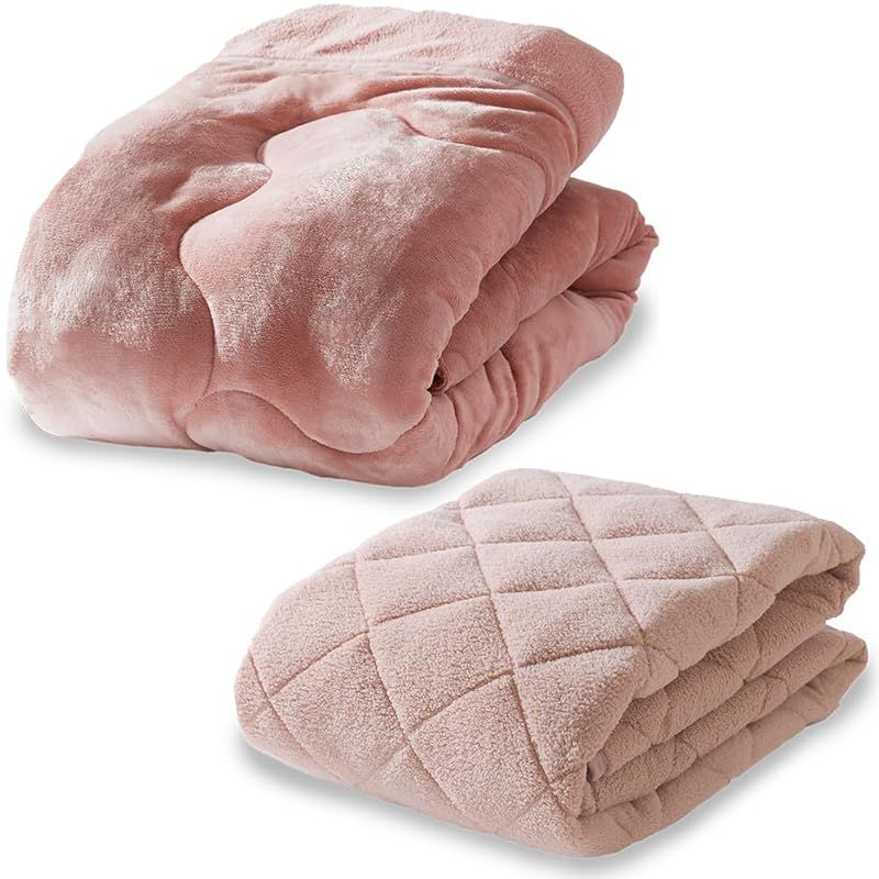 セット買い アイリスプラザ 掛け布団 毛布 3層構造 丸洗い シープボア ダブル スモーキーピンク＋敷きパッド シープボア 丸洗い ふっくら優しい肌触り ダブル スモーキーピンク 0
