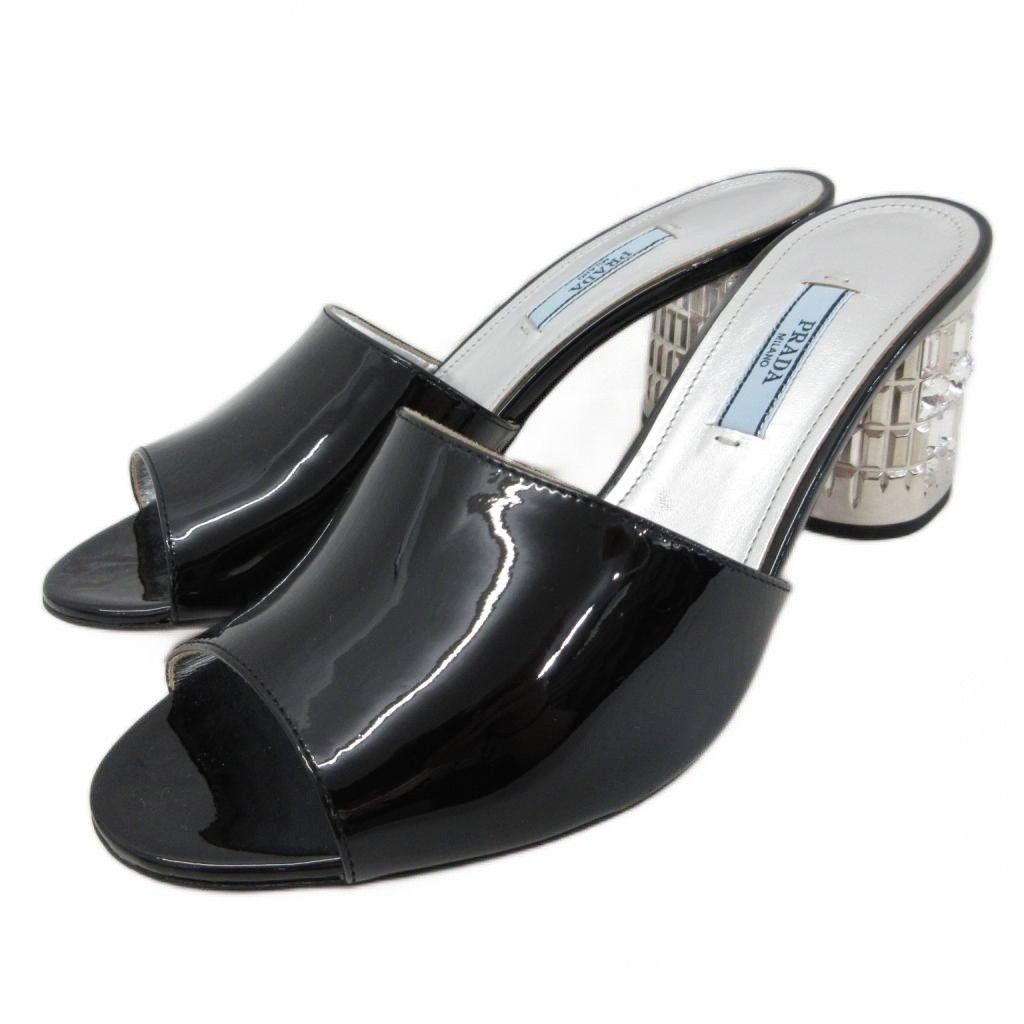 プラダ PRADA ミュール サンダル パンプス オープントゥ デザインヒール チャンキーヒール ビジュー 36 22cm 黒 ブラック シルバーカラー