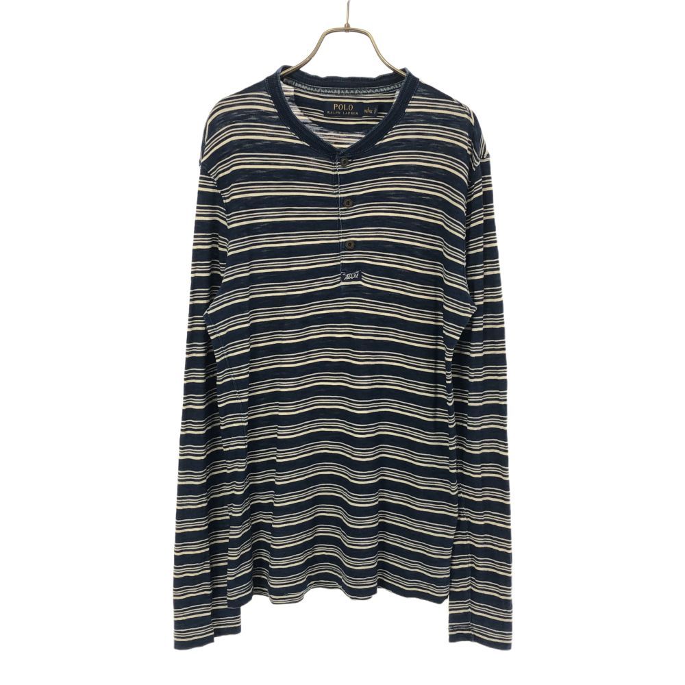 ポロラルフローレン ボーダー 長袖 ヘンリーネック Tシャツ S ブルー系×ホワイト POLO RALPH LAUREN カットソー メンズ 古着 【240402】 メール便可