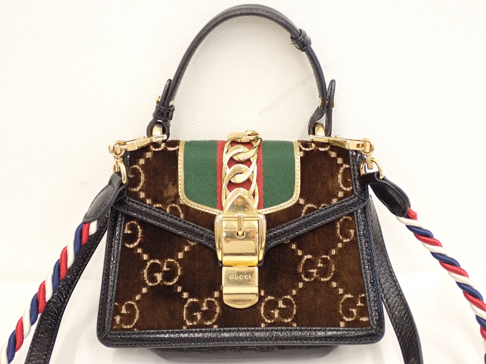 美品】GUCCI グッチ シルヴィ ミニバッグ ベルベット×レザー GG柄 