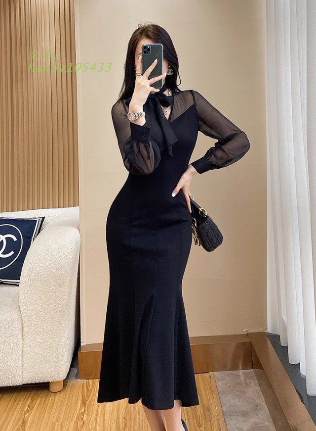 パーティードレス 結婚式 お呼ばれドレス マーメイドワンピース ワンピースドレス 膝丈 ドレス 30代 袖あり 20代 タイト 黒 40代 長袖 3L 大きいサイズ シアー hax5v105433