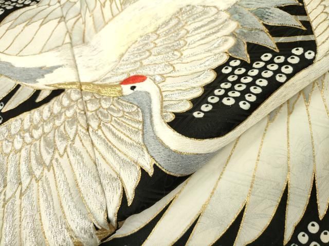 平和屋着物●豪華振袖 刺繍 鹿の子飛鶴文 黒地 金彩 正絹 DAAW3839fe NICORILABO_COM