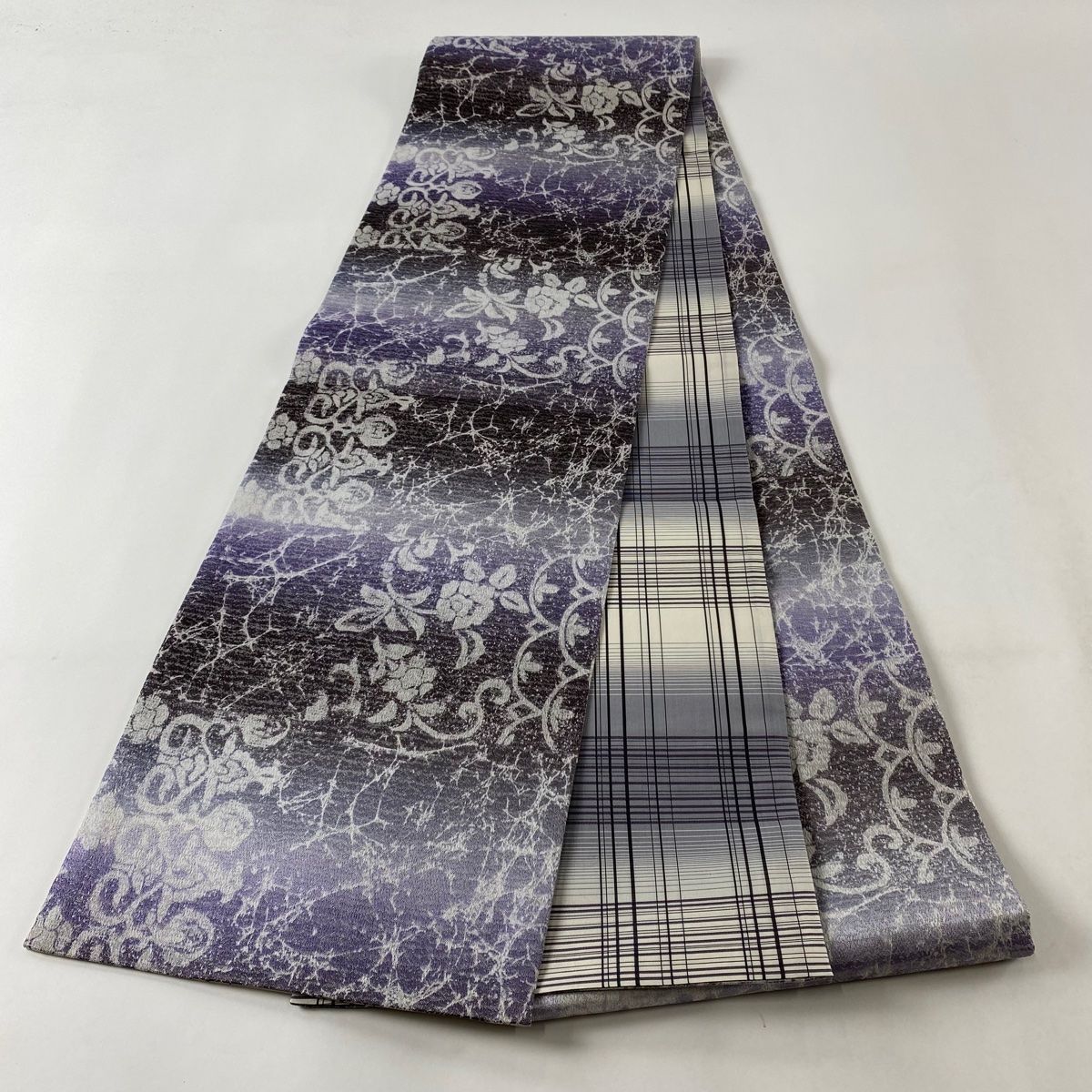 バイセル 着物 美品 名品 袋帯 紫 幾何学 ぼかし 膨れ織 金糸 箔 全通 正絹 ☆☆☆☆ バイセル 着物 美品 名品 袋帯 紫 幾何学 ぼかし 膨れ織 金糸 箔 全通