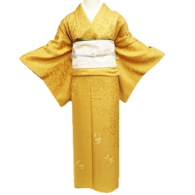 色無地 付下げ 付け下げ 訪問着 着物 ♥ 正絹 袷 地模様 花模様 花菱 反端付き 琥珀色 身丈162cm 裄66cm M きもの北條 A1279-3