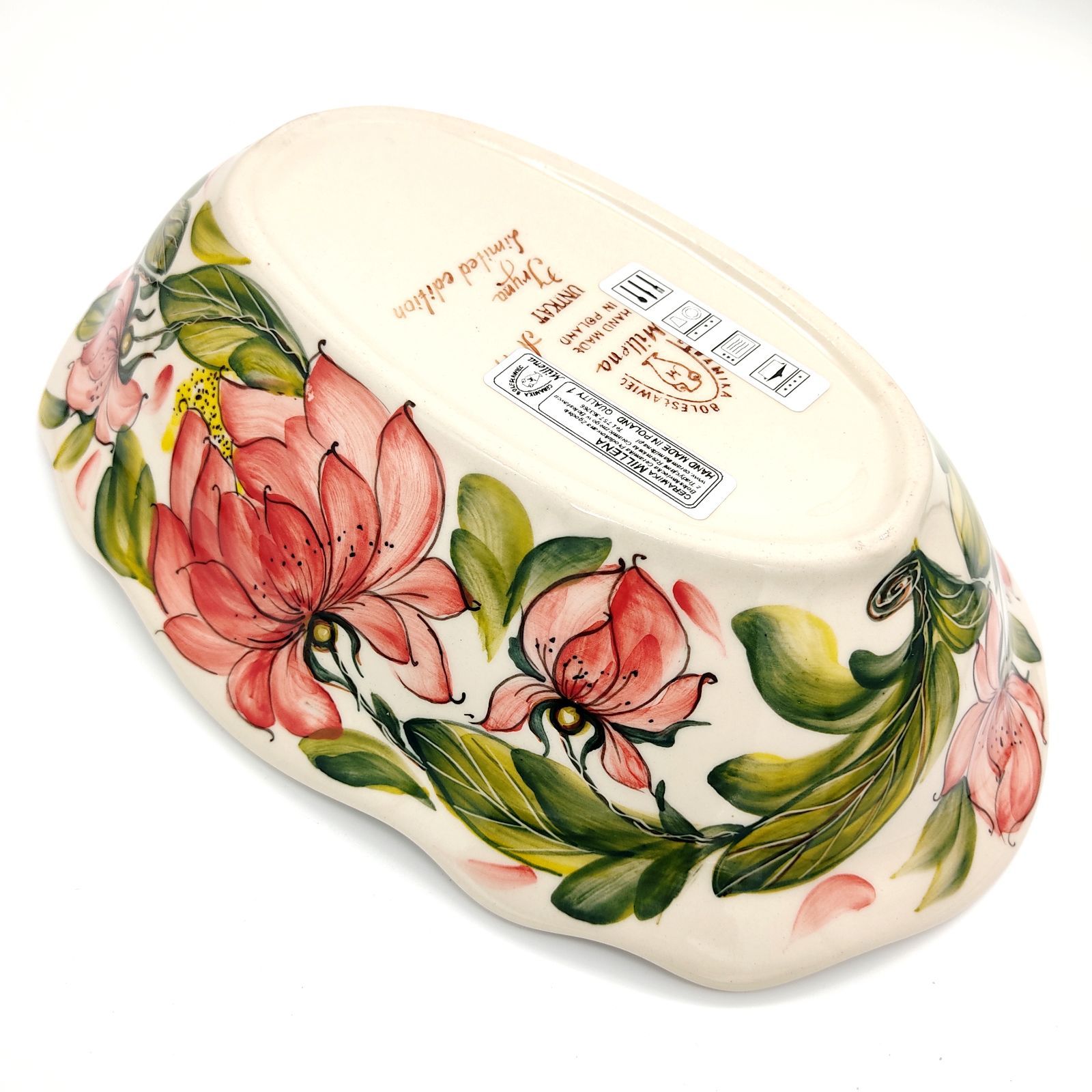 バスケット 楕円型のウェーブボウル ピンクの芍薬模様 ポーランド食器  