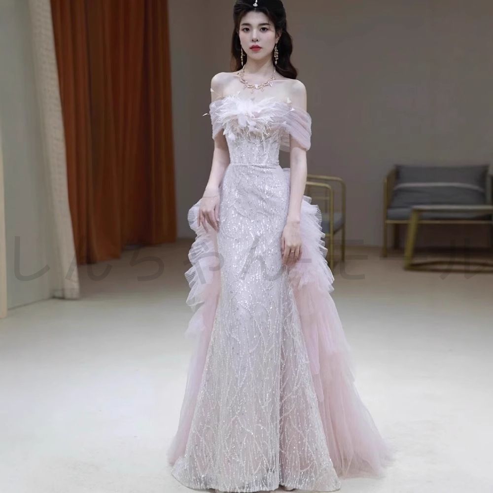 2025 ピンクオフショルダーイブニングドレス 感 軽奢 結婚 婚礼 敬酒服新婦用 XS-4XL