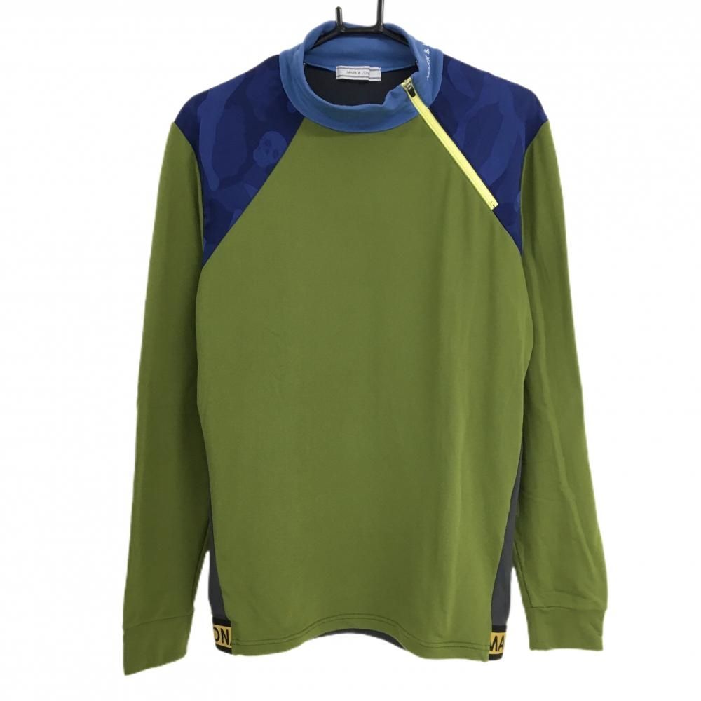 マークアンドロナ 長袖ハイネックシャツ グリーン×ネイビー 肩迷彩  メンズ 50(XL) ゴルフウェア MARK＆LONA