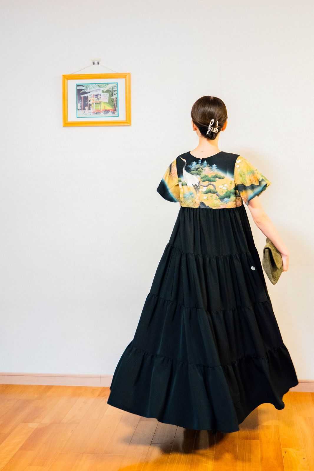 フレア　黒留袖からの着物リメイクドレスです　着丈１１９cm 黒留袖からの着物リメイクドレスです L～2Lサイズ 着丈