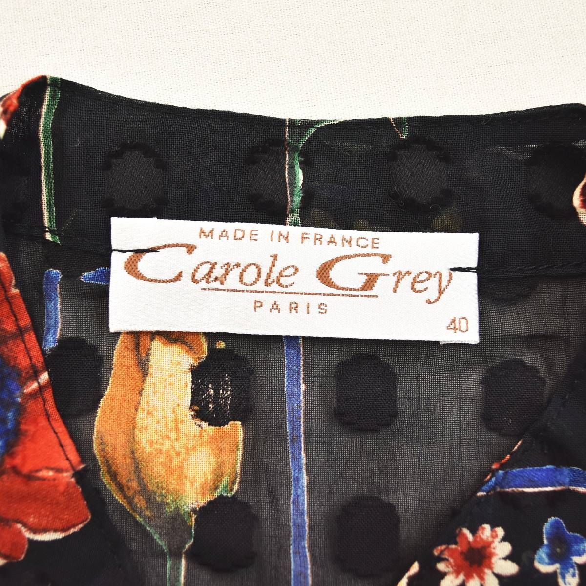 フランス製 キャロルグレイ CAROLE GREY 長袖 ノーカラー シースルー シャツ ブラウス 40 ブラック x 花柄 マルチカラー ガーリー  レディース ♪ 美品】 フランス製 キャロルグレイ CAROLE GREY 長袖 ノーカラー