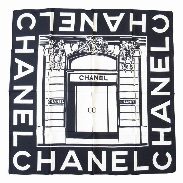 美品 シャネル vintage CHANEL シルク ファサード ロゴ 大判 スカーフ 
