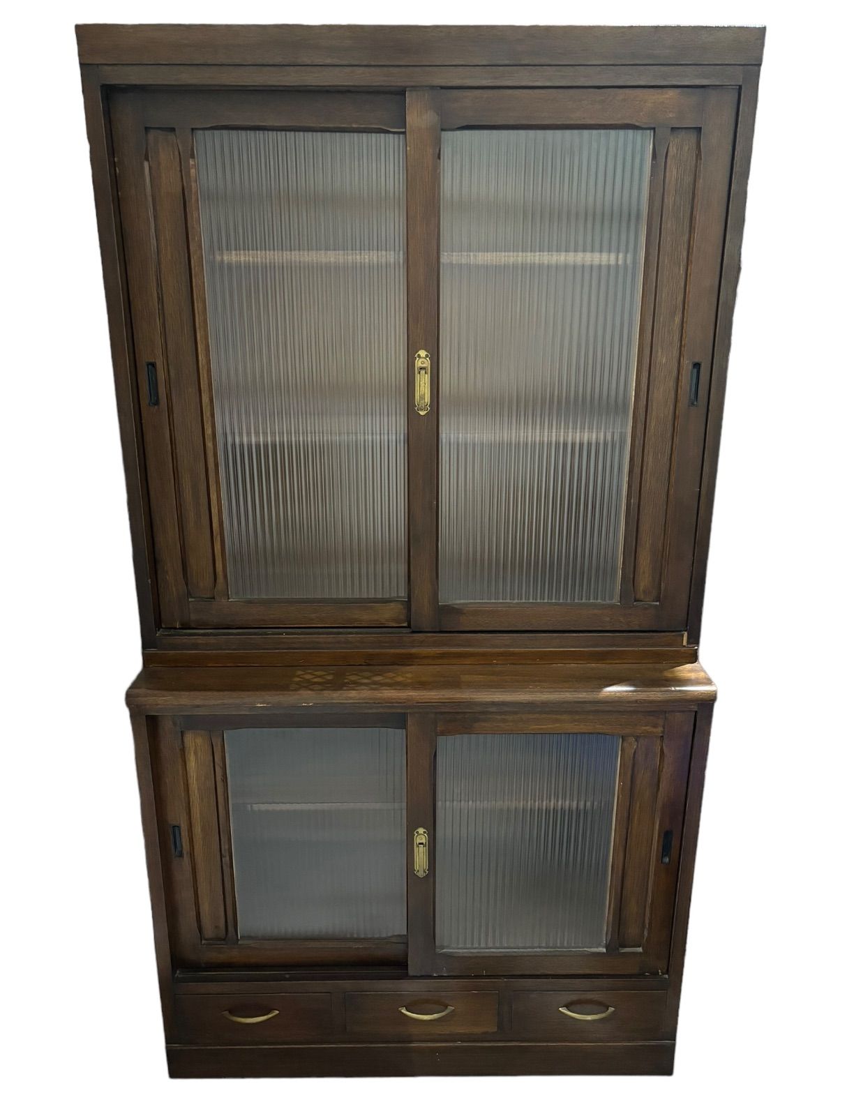 棚 水屋 食器棚 昭和レトロ 当時物 モールガラス アンティーク インテリア