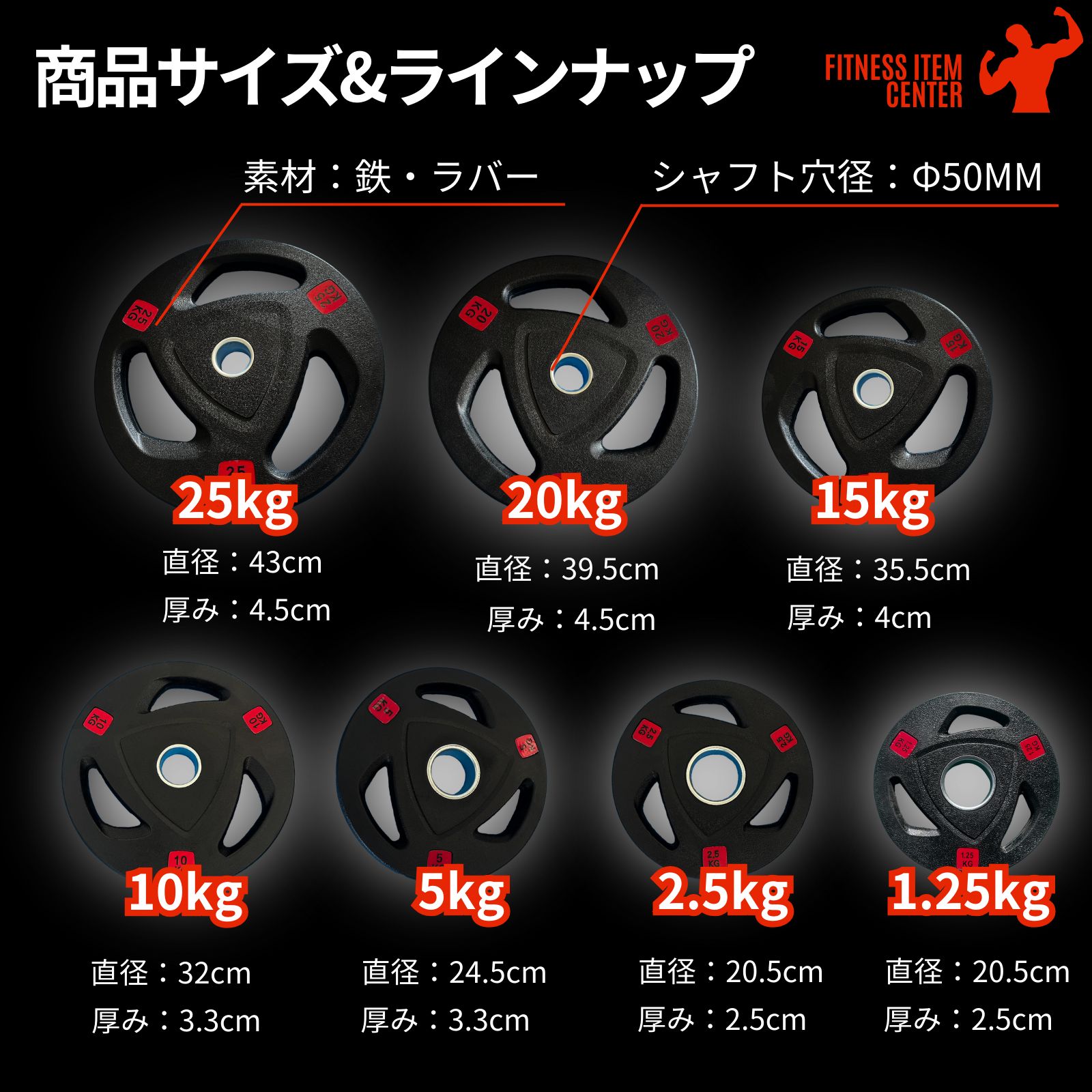 新品・送料無料】バーベルプレート計105kgセット(20kg×2枚＋15kg×2枚  