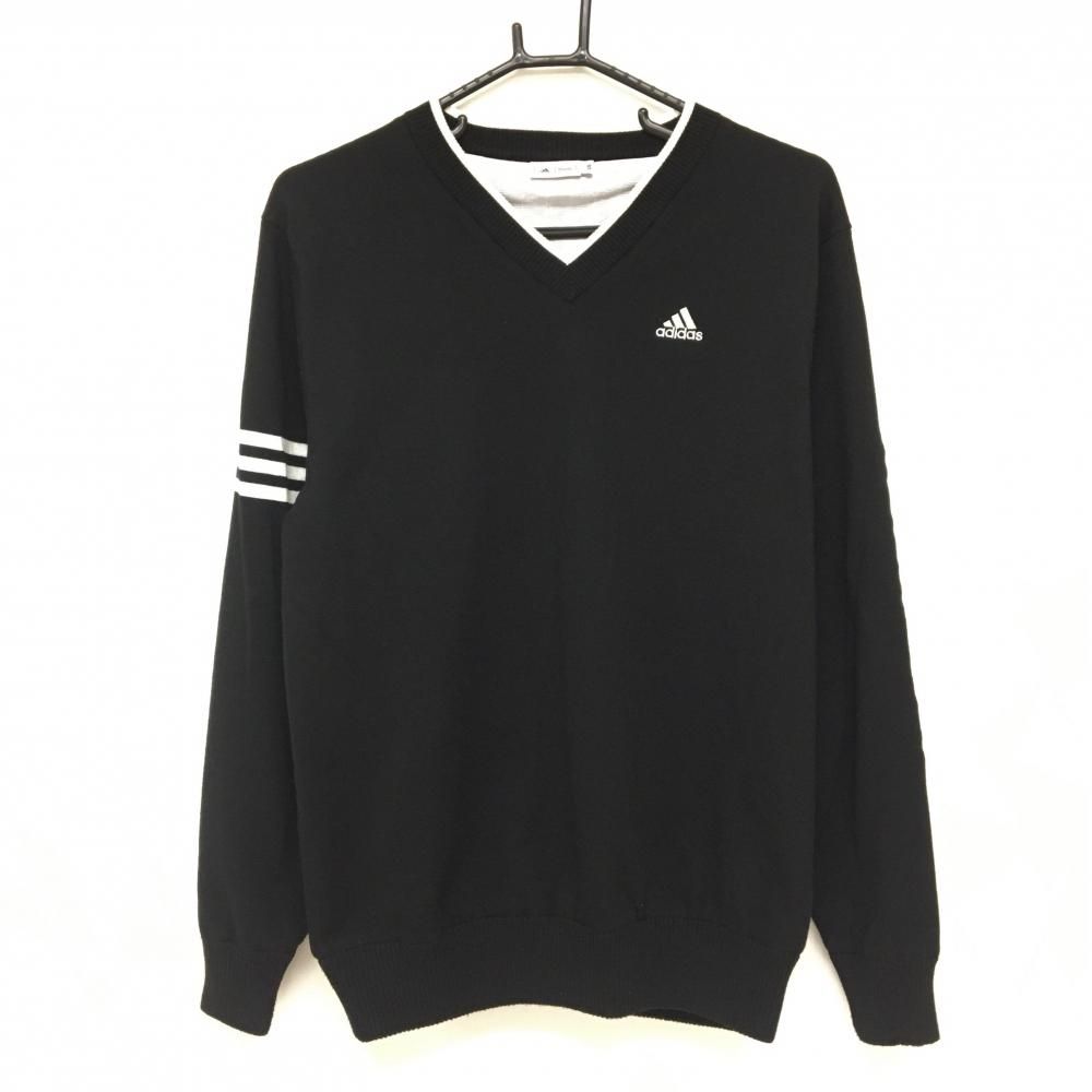 【美品】アディダス セーター 黒×白 Vネック 蓄熱裏地 袖3ライン ニット  メンズ L/G ゴルフウェア adidas