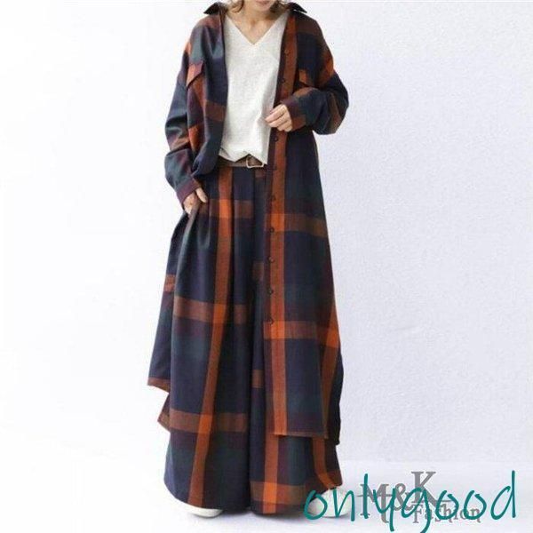 セットアップ レディース 秋 長袖 シャツワンピース ロングシャツ ワイドパンツ チェック柄 ロング丈パンツ カジュア 体型カバー オシャレ