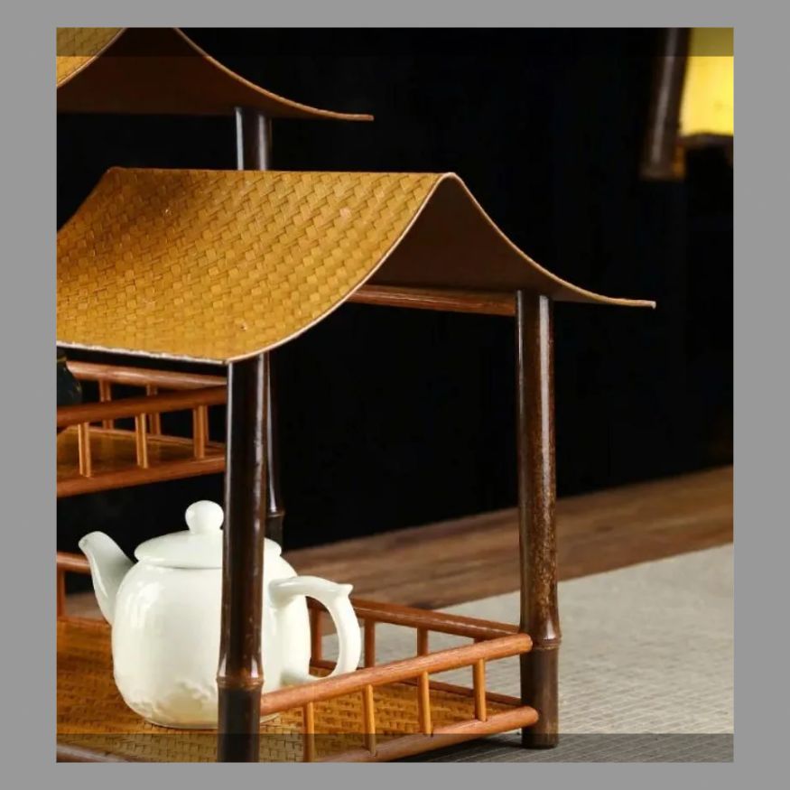 竹製品畳茶棚囲炉裏煮茶禅意梅鹿竹軒置物収納棚双層茶碗棚