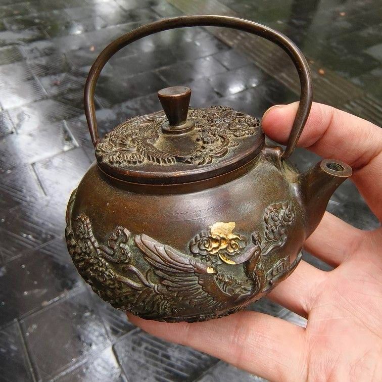 銅器 龍鳳提梁 徳利 急須 茶道具 工芸品 美術品 置物 銅製 龍鳳提梁茶壺 茶道具 煎茶道具 浮き彫り 工芸品 美術品