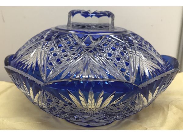 薩摩切子 菱宝切子 蓋付鉢 蓋物 共箱