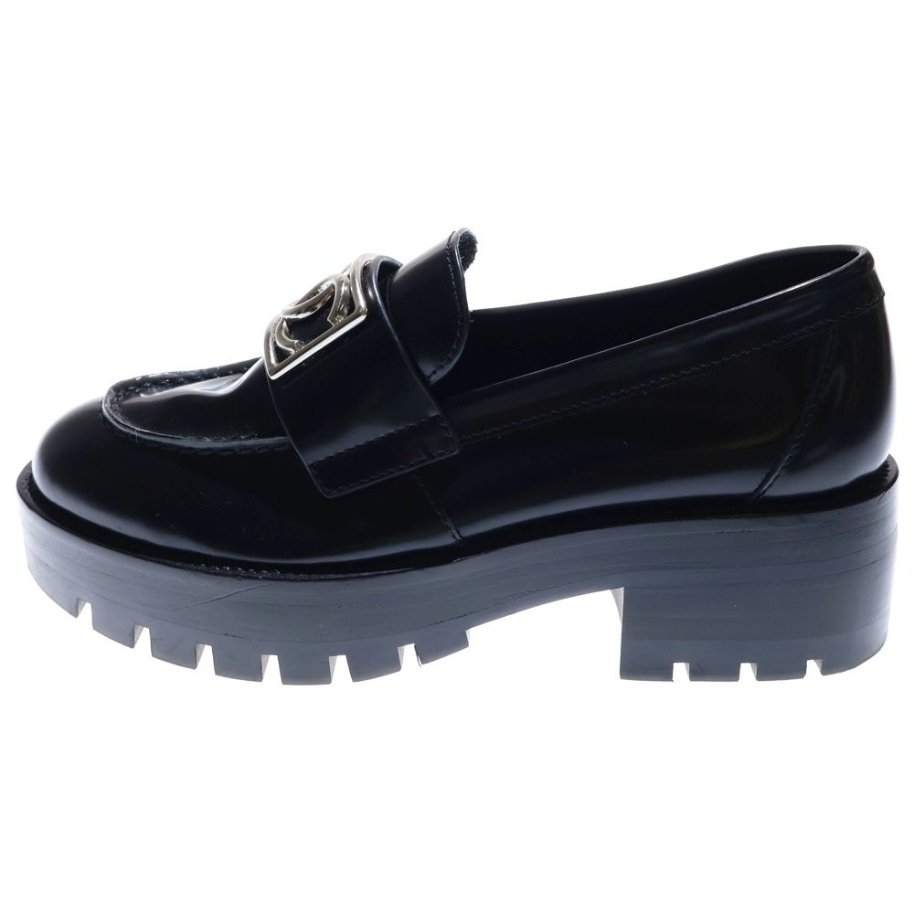 CHANEL シャネル ココマーク スクエアロゴプレート レザー ヒール 厚底 ローカットシューズ ローファー シルバー金具 ブラック レディース