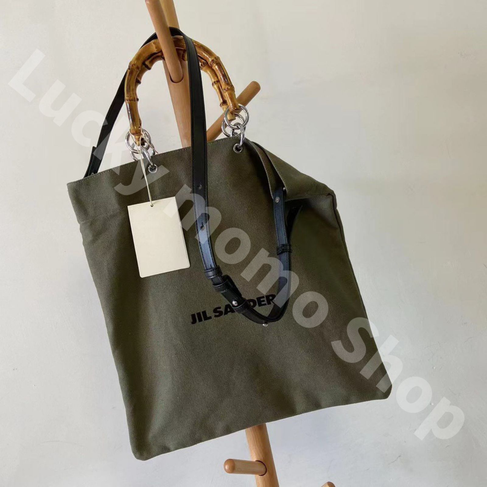 大人気 新品 JIL SANDER BAMBOO SHOPPER SQUARE ジルサンダー ファッション メンズ レディース バッグ バンブーハンドル ロゴプリント トートバッグ ハンドバッグ ショルダーバッグ アーミーグリーン