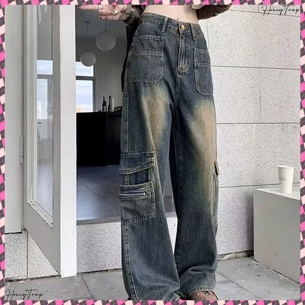 ウォッシュデニムカーゴパンツ レディース ブリーチデニムパンツ メンズライクジーンズ ストリート系 体型カバーボトムス 美脚脚長 着やせ セミワイドデニム 韓国風ヴィンテージ古着風