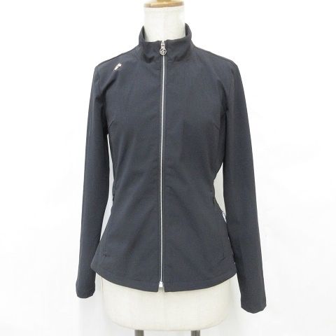 デサント DESCENTE GOLF LUXE COLLECTION ゴルフ スポーツウエア ジャケット ジップアップ スタンドカラー プリント プリーツ ビジュー 黒 ブラック グレー M