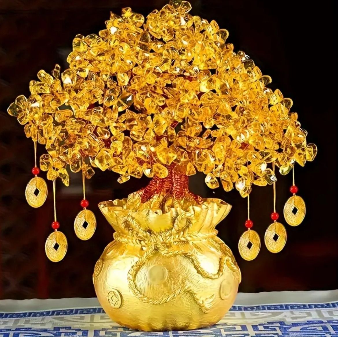 金のなる木 天然水晶シトリン 幸運の木 人工木 グッズ置物 生命の