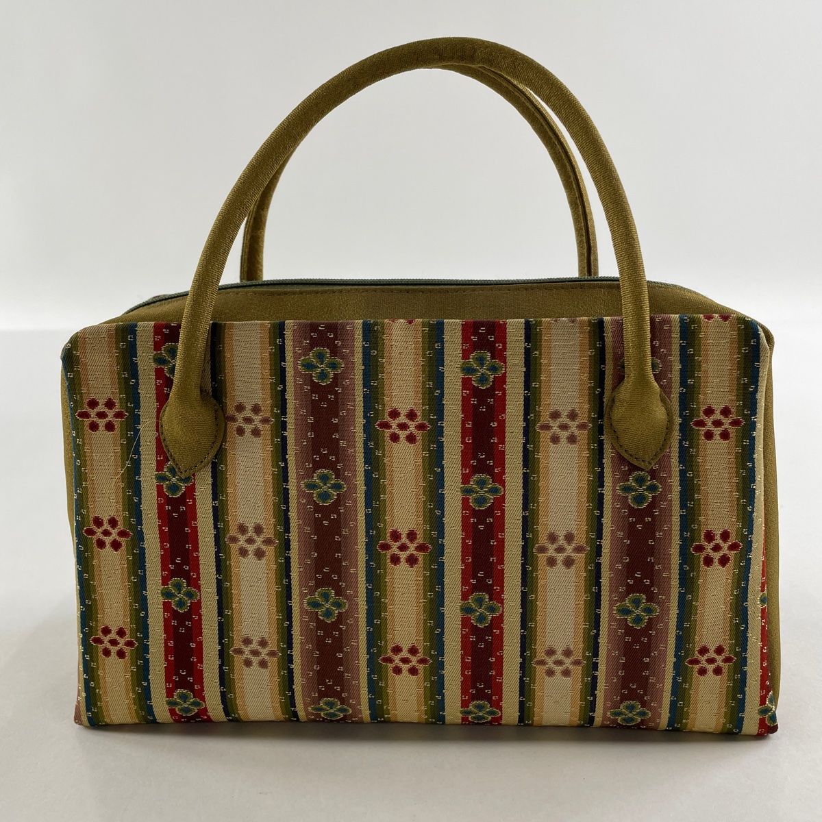 和装バッグ 美品 優品 カジュアル 利休バッグ 縞 花 茶緑色 正絹