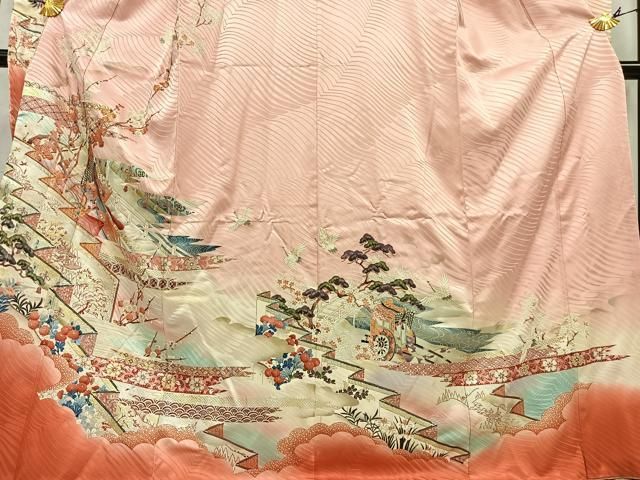 平和屋着物■豪華振袖　御所車飛鶴花文　暈し染め　金銀彩　正絹　逸品　BAAV0618mz