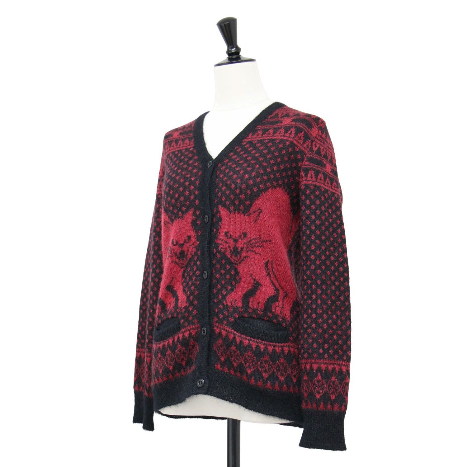 ヒステリックグラマー HYSTERIC GLAMOUR カーディガン チェック柄 Vネック ポケット モヘヤ混 ロゴ 長袖 刺繍 F 赤 レッド 黒 HYSTERIC GLAMOUR ヒステリックグラマー カーディガン レッド