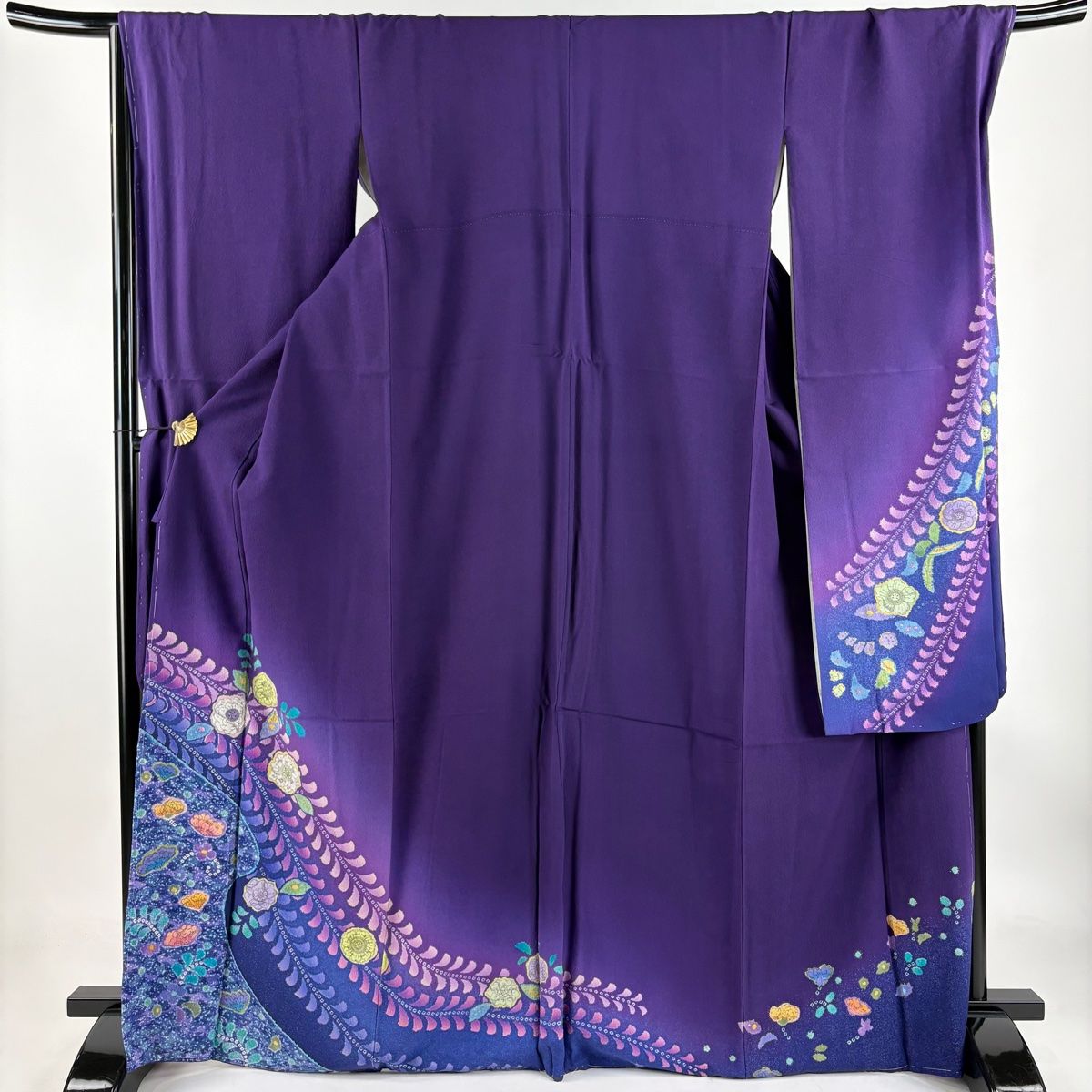 振袖 身丈168.5cm 裄丈70cm L 袷 辻が花柄 流水 縮緬 ぼかし 濃紫 正絹 秀品
